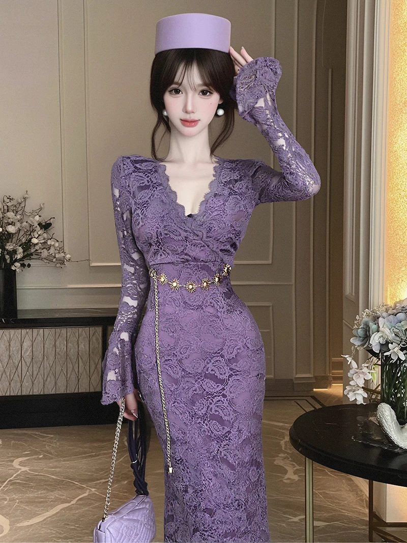 

Сексуальное Pure Desire Long Sve V-Ne Dr, утягивающее кружевное облегающее облегающее платье средней длины, осень-зима, женское модное кружево с высокой талией...