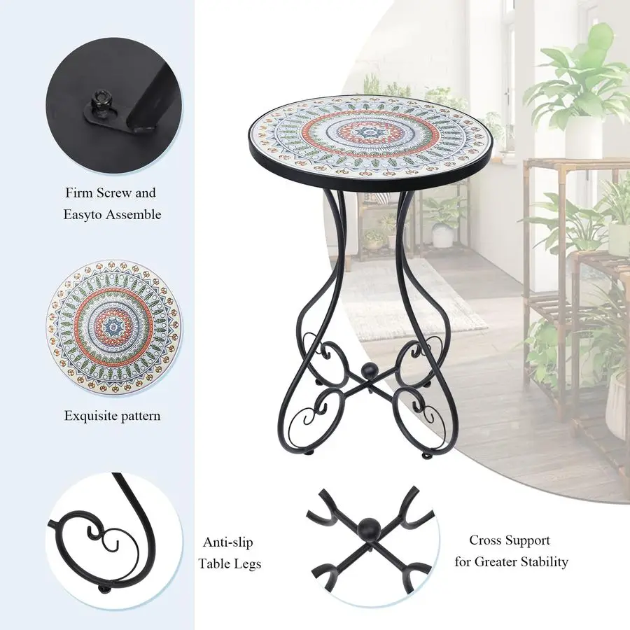 Mosaic Outdoor Side Table, Round Rustproof Patio Tables with 14 Ceramic Tile Top, Indoor Porch Accent Table for Yard, Garden, Li