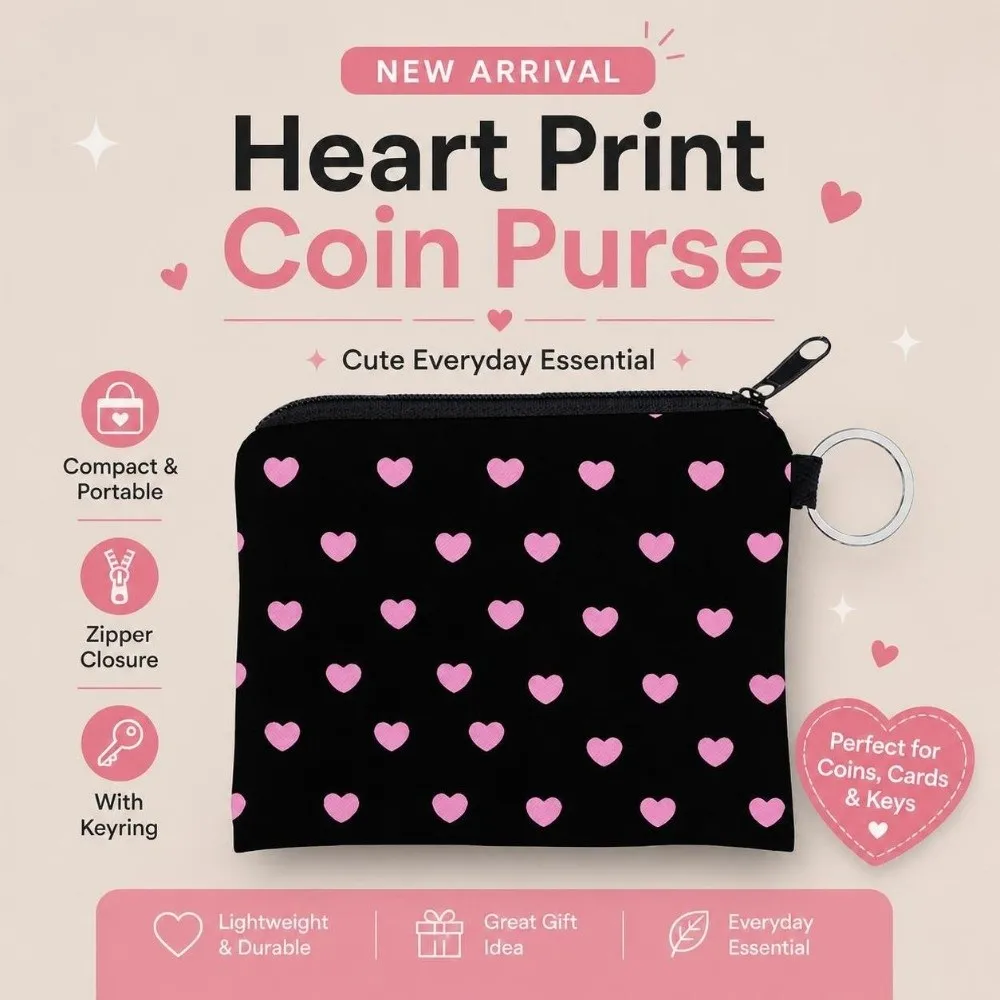 Love Heart Black Coin Purse with Key Ring Easy Access Zipper Makeup Bag Printed Zip Pouch Coin Key Card Holder Women Cosmetic