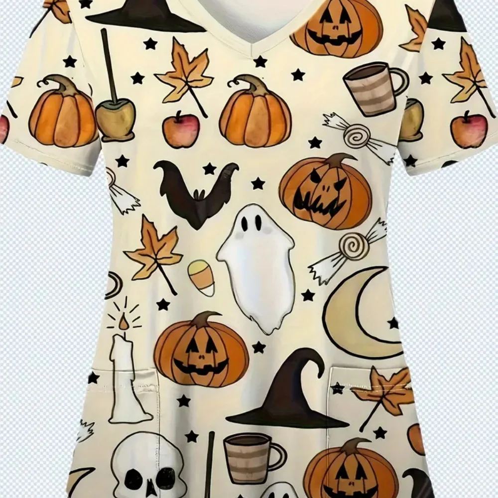 Halloween Surgical Uniforms Woman Cartoon Print Fashions Nurse Casual V-Neck Short Sleeve Patch Contest Clinical Uniform Woman