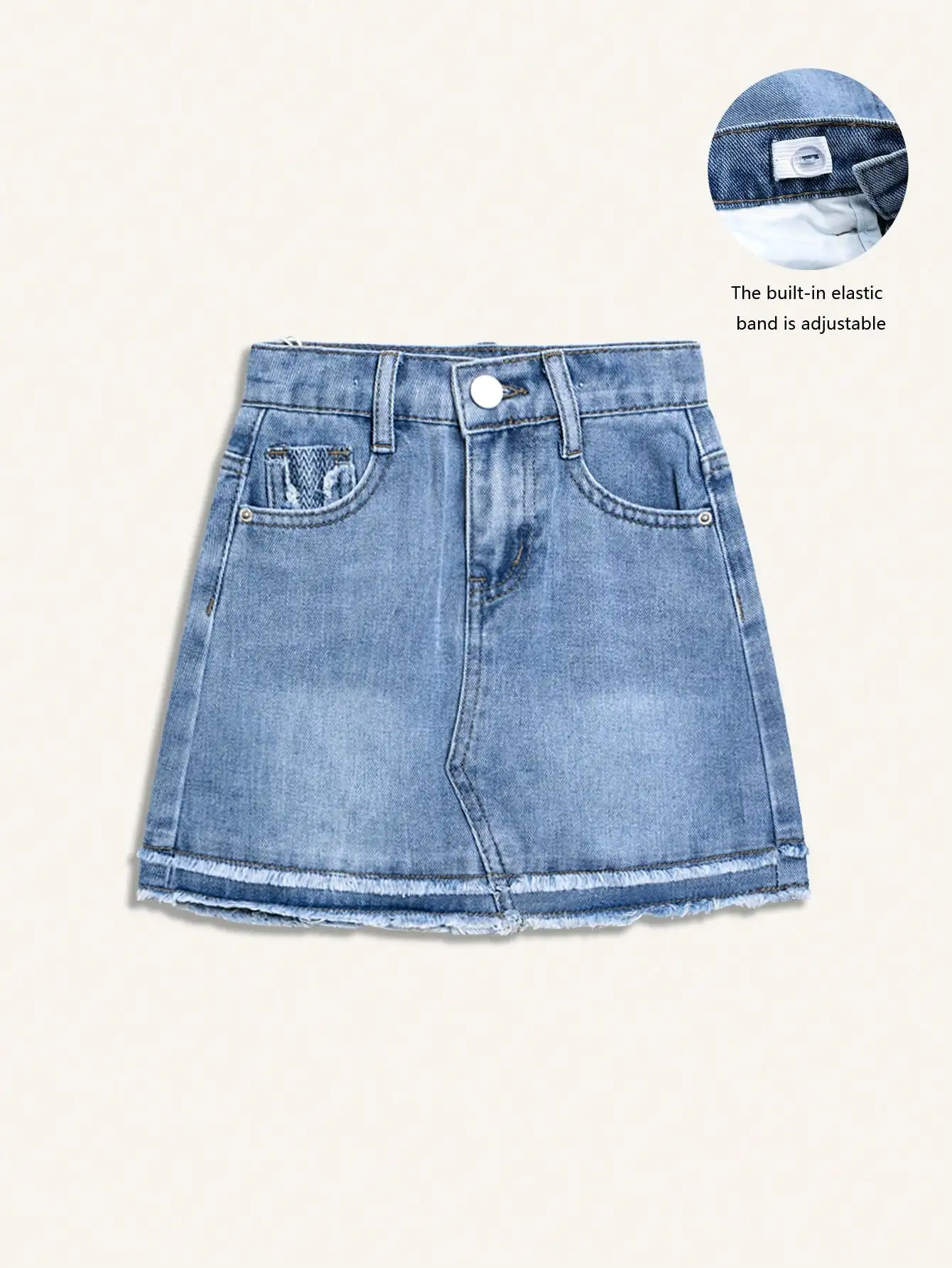 

Girls' Light Wash Denim Skirt with Frayed Hem and Adjustable Waistband
