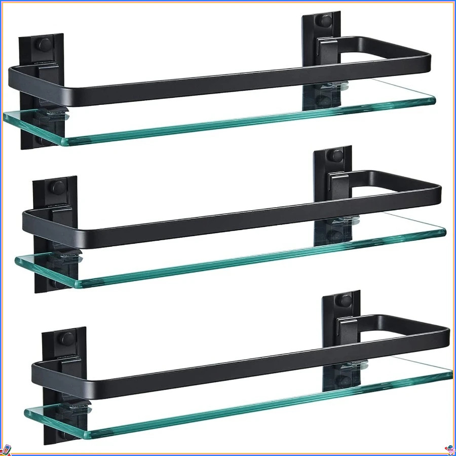 3-pack bathroom glass shelves, aluminum tempered glass. 1-tier storage organizer wall mounted