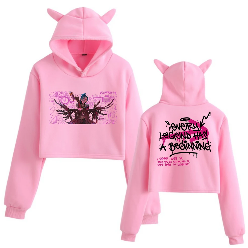 Arcane Jinx Graffiti Art Cat Ears Long Sleeve Crop Tops Girls Fashion Hoodie