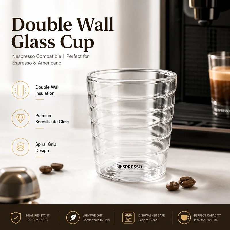 Spiral Double Wall Insulated Coffee Glass 80ml 150ml, Heatproof Nespresso Espresso Mug With Base Vent Hole Home Cafe