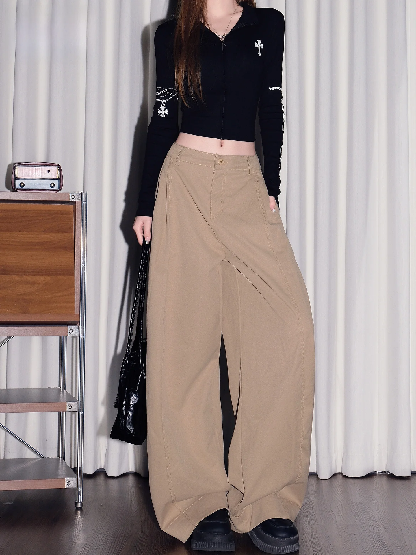 

Khaki Wide Leg Jeans Women's Loose Slimming Design Straight Floor-Length Pants Spring Casual High Waist Denim Fabric