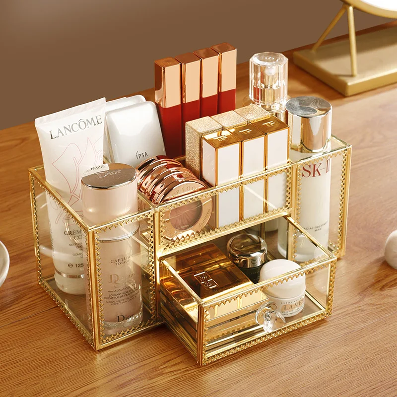 Fashion Gold Glass Makeup Organizer Lipstick Holder Perfume Desktop Jewelry Cosmetic Drawer Storage Box Display