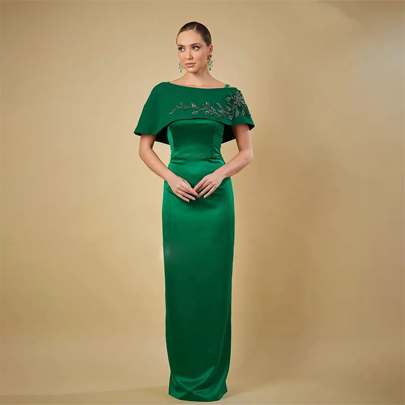 

Green Beading Straight Evening Dresses with Cape O-Neck Long Formal Gown Floor Length Satin Vestidos de Novia