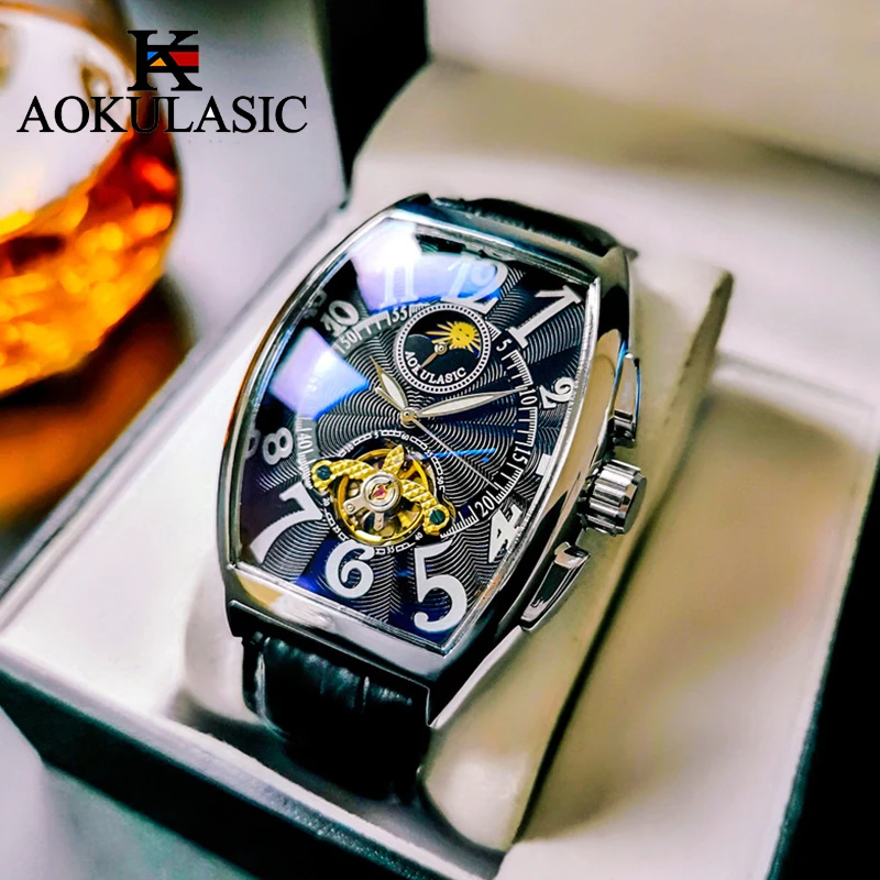 AOKULASIC Mechanical Watches Fashion Men Watches Tonneau Dial Tourbillon Automatic Mechanical Watch Men Moon Phase reloj hombre