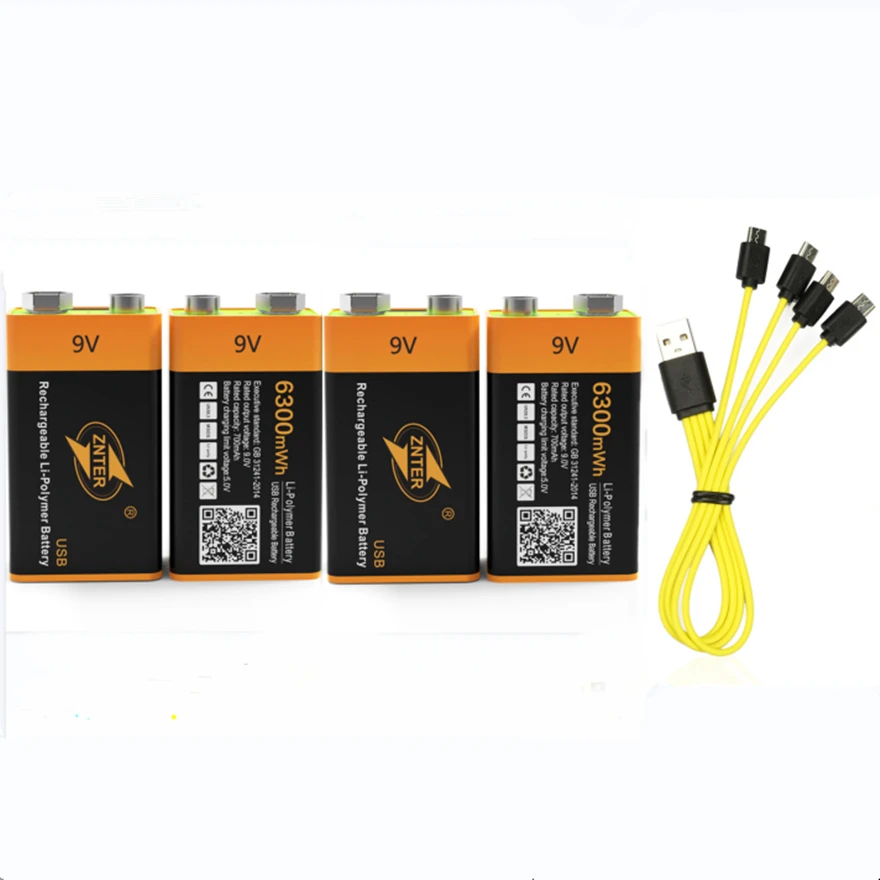 

4pcs/lot 100% ZNTER 6300mWh 9V rechargeable lithium battery 6F22 fast charging battery with type-C cable
