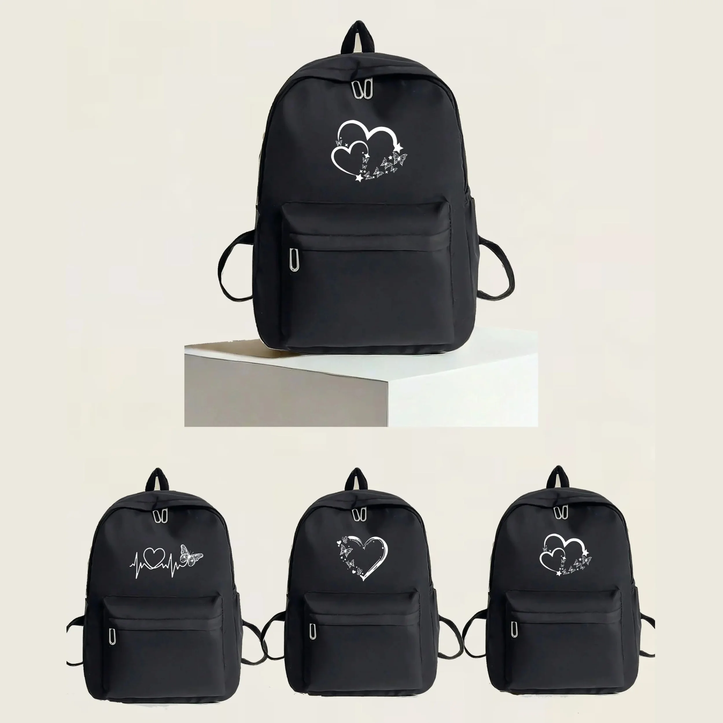 

A Large-Capacity, Casual And Versatile White Backpack With A Simple Heart And Butterfly Print, Perfect For Back-To-School, Every
