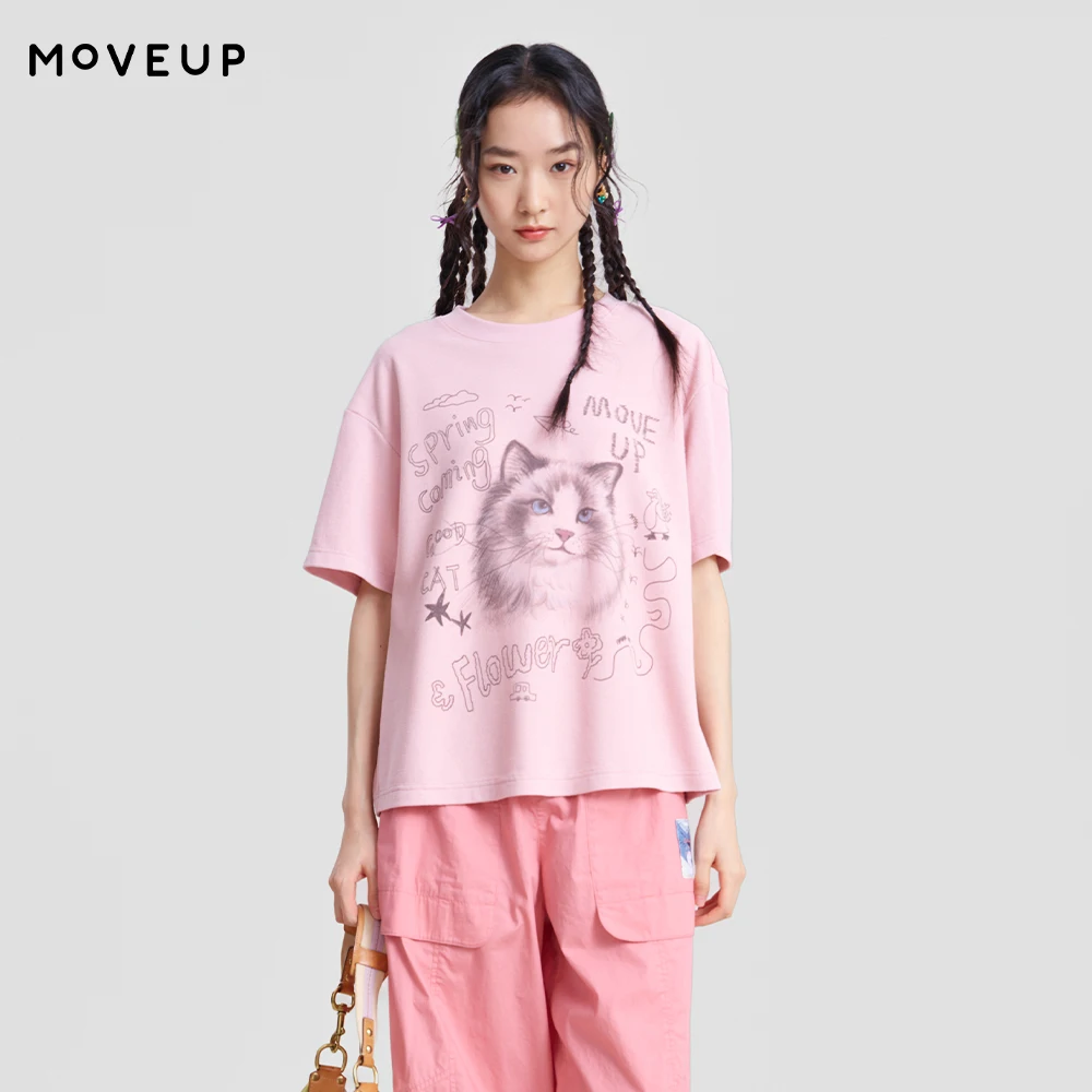 

Женская футболка MOVEUP с круглым вырезом и коротким рукавом, весна 2026, новинка, с мультяшным принтом кошки, со спущенным плечом, свободный крой, 3ELC10551
