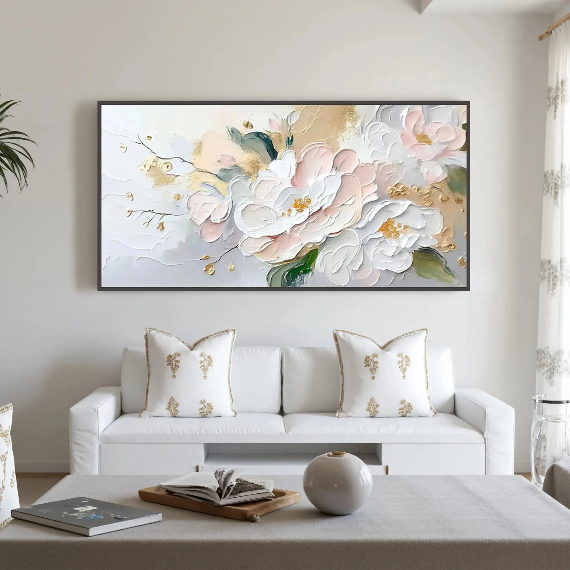Frameless Painting, Creamy Peony Flowers, Modern Floral Painting, 2D Texture, Horizontal Wall Art, Fashion Theme, Gift for Bedro