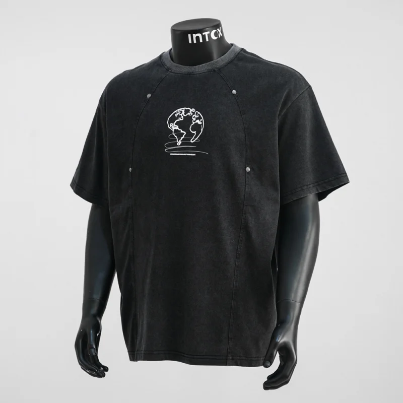 

Splicing line washed short sleeved T-shirt for men in summer 2025, fashionable distressed loose casual printed retro top