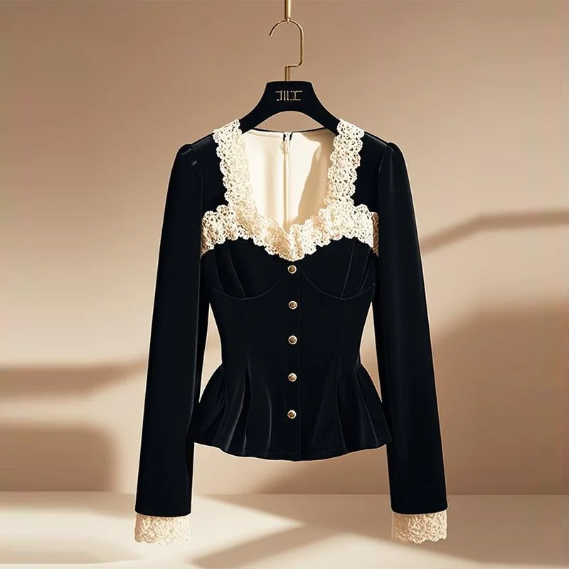 

Women Stylish Vintage French Style Lace Patchwork Blouses Elegant Chic Luxury Slim Shirts Square Collar Black Long Sleeve Tops