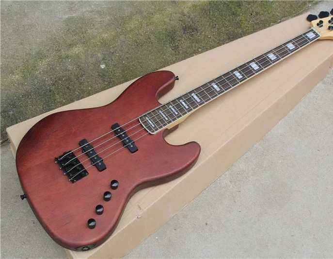 Premium 4 string bass guitar, Burgundy body, 24 pin fingerboard, black accessories, free shipping