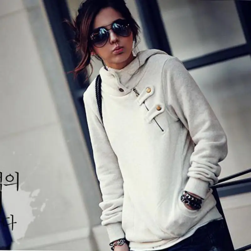 2024 Spring Autumn Arrival Womens Hoodies Long Fashion Chic Slanting Zipper Decorated Moleton Feminino Inverno Free Shipping