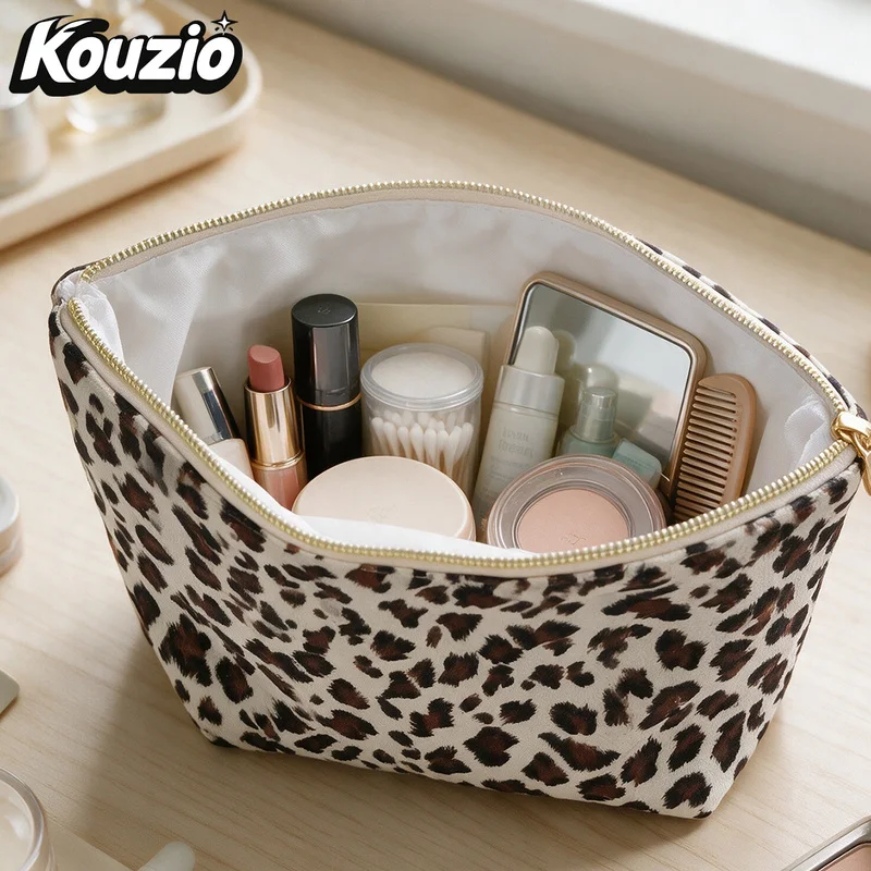 Kouzio Leopard Print Polyester Zipper Makeup Bag Cosmetic Organizer BH1201
