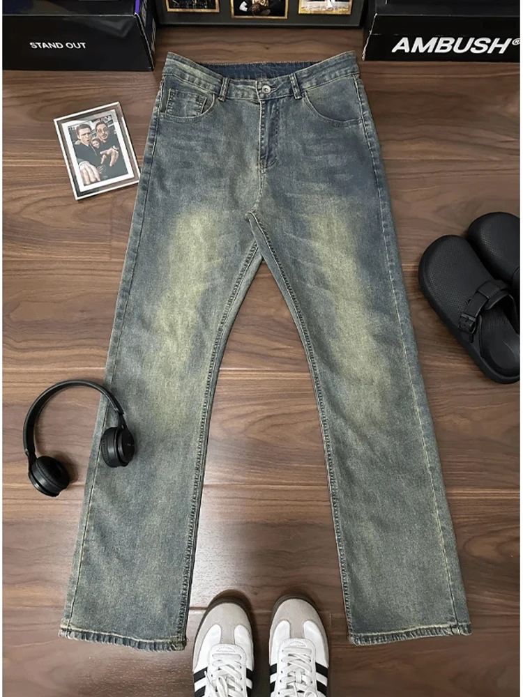 

Американские винтажные синие джинсы из денима с высокой талией, зауженные, мужские, осенние, Cleanfit, буткат, износостойкие, стандартные