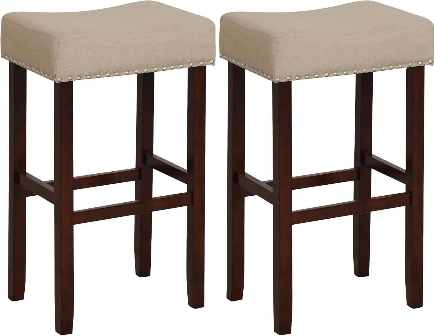 

29.5" Bar Height Bar Stools Set of 2 - Backless Saddle Barstools with Nailhead Linen Foam Seat, Max Load 330 Lbs Wood Ba