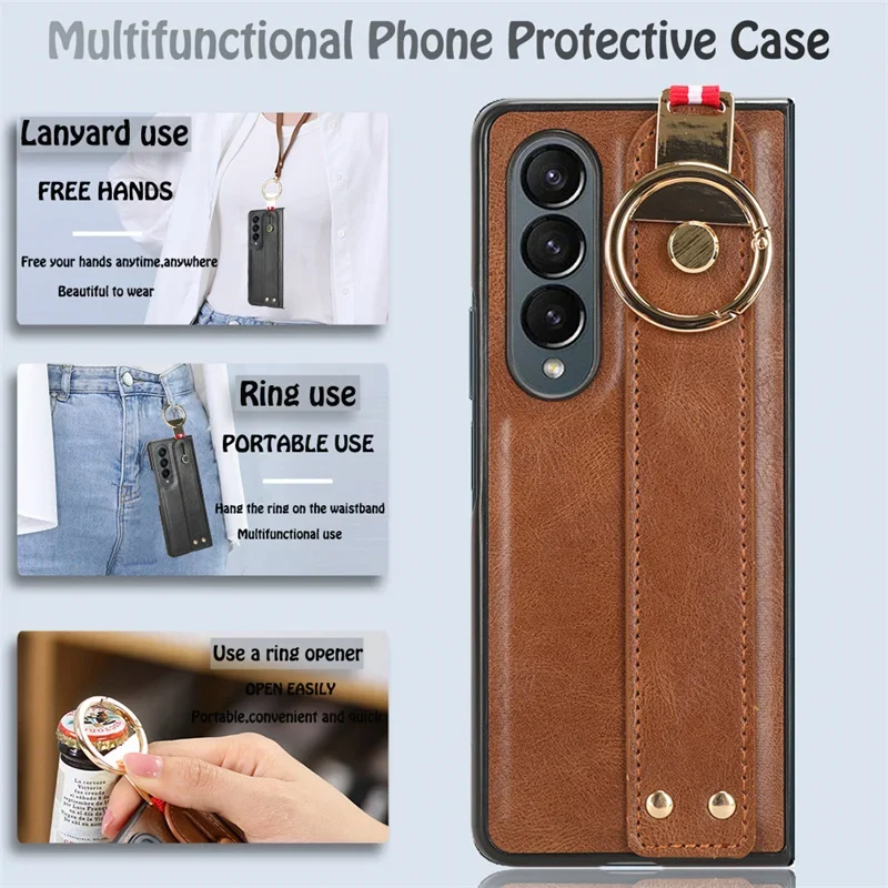 

For Samsung Galaxy Z Fold 4 3 2 Case Luxury Leather Cover Z Fold3 4 2 with Portable Wristband Hand Strap Kickstand Metal Ring