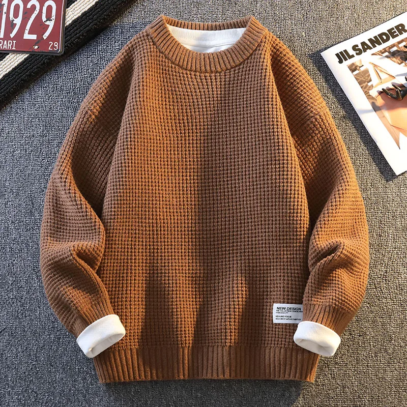 

Mens Waffle Knit Sweatercoat 2025 Autumn Winter New Round Neck Comfortable Casual Solid Color Pullover Men Waffle Knit Sweater