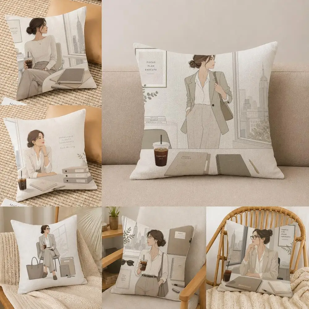 Office Style Cushion Cover Natural Linen Pillowcase Set, All-in-One Decor for Sofa, Bedroom & Chair