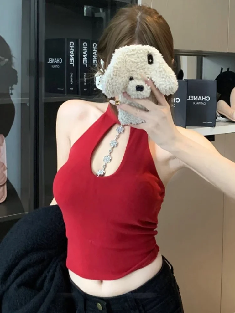 

Korean Style Sexy Girl Neck Hanging Strap Vest Women's Spring Summer Knitted Inner Wear Pure Desire Sexy Slim Short Shoulder ...