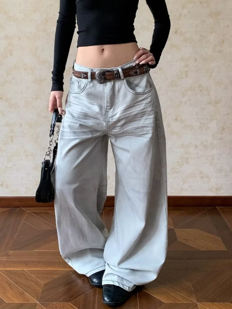 2025 American Retro Y2K Style Dirty Washed White Baggy Women's Jeans Pants For Woman Clothes Wide Leg Cotton Loose Long Trousers