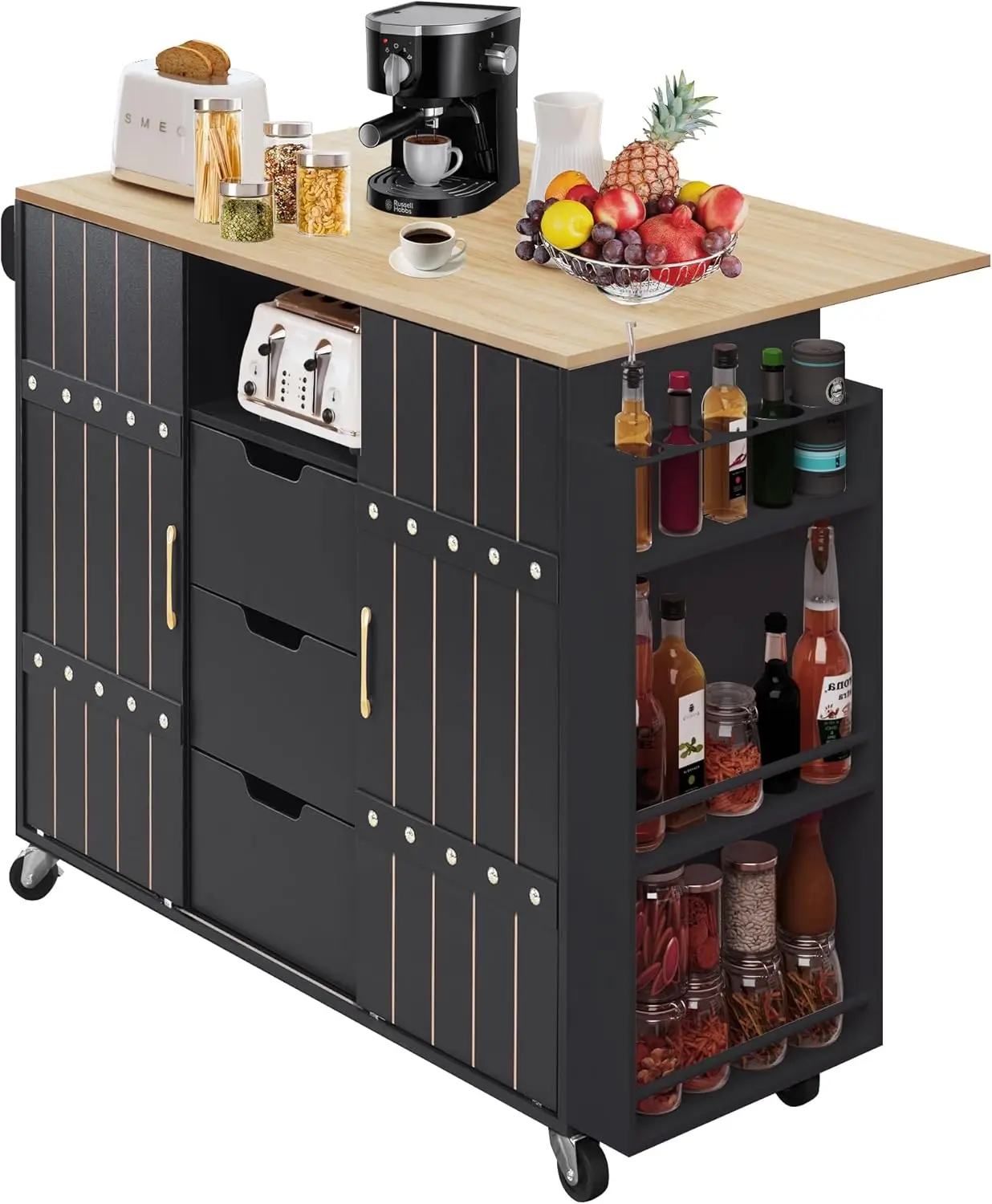 Ilha Rolling Kitchen com Drop Leaf, Carrinho de bancada portátil sobre rodas, Armazenamento