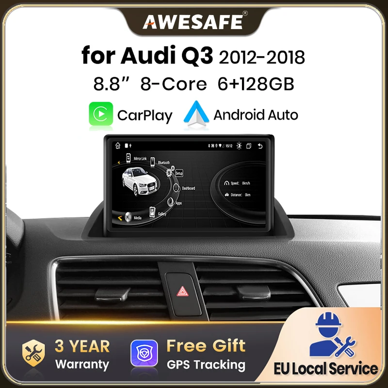 Reproductor multimedia con GPS, navegación, Carplay inalámbrico y Android Auto de 8.8 pulgadas, radio para coche con pantalla táctil para Audi Q3 2012-2018, 4G, BT, pantalla estéreo.