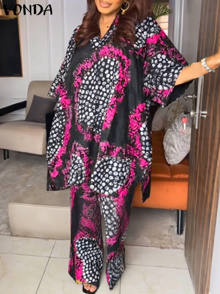 VONDA Vintage Bohemian ชุดกางเกง 2025 ฤดูร้อนผู้หญิงพิมพ์เสื้อยาวและกางเกงขากว้างสบายๆหลวม 2 ชิ้นแฟชั่น 2 ชิ้นชุด