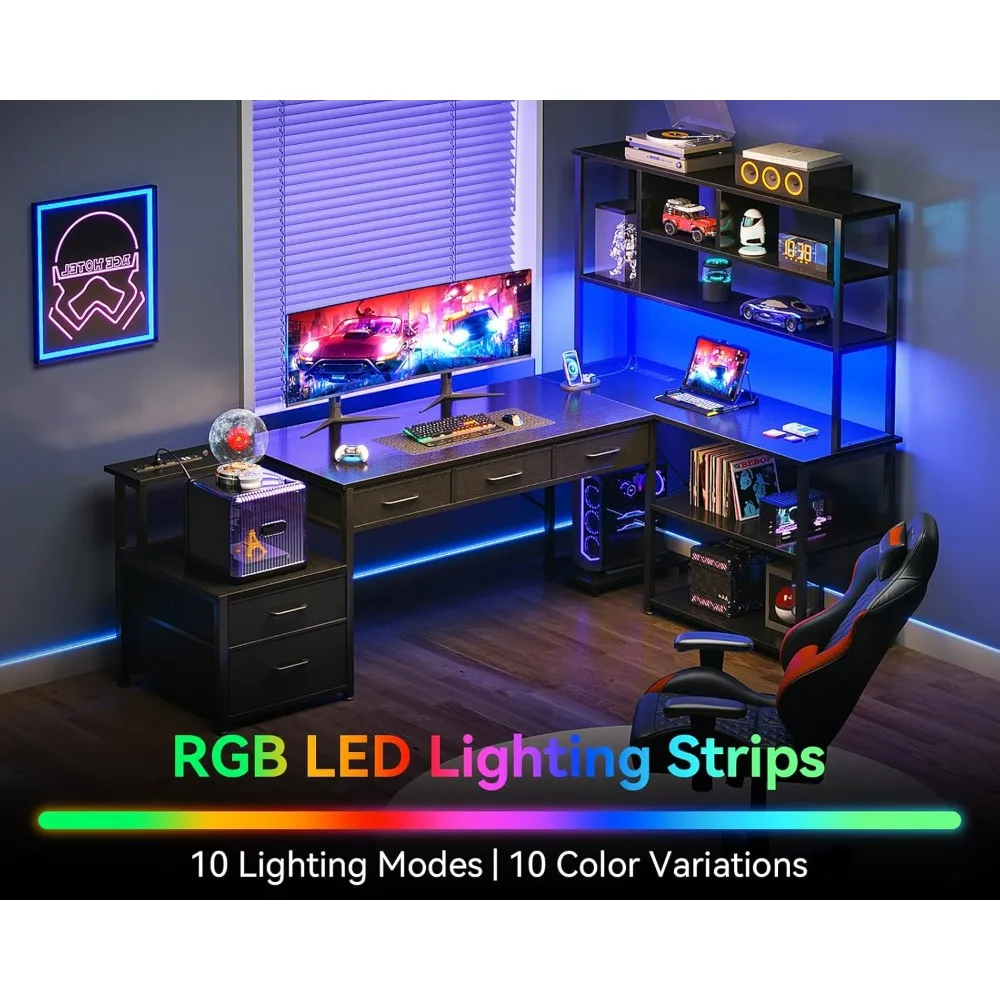 79 inch L Shaped Desk with File Drawers, Reversible L Shaped Gaming Desk with Power Outlets & LED Lights, Computer Desk