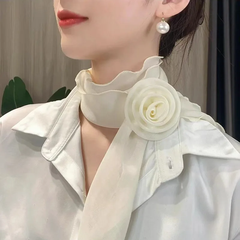 Elegant Rose Flower Long Satin Scarf Soft Kerchief Chiffon Neckerchief Pure Color Collar Decor Chiffon Scarves Sun Protection