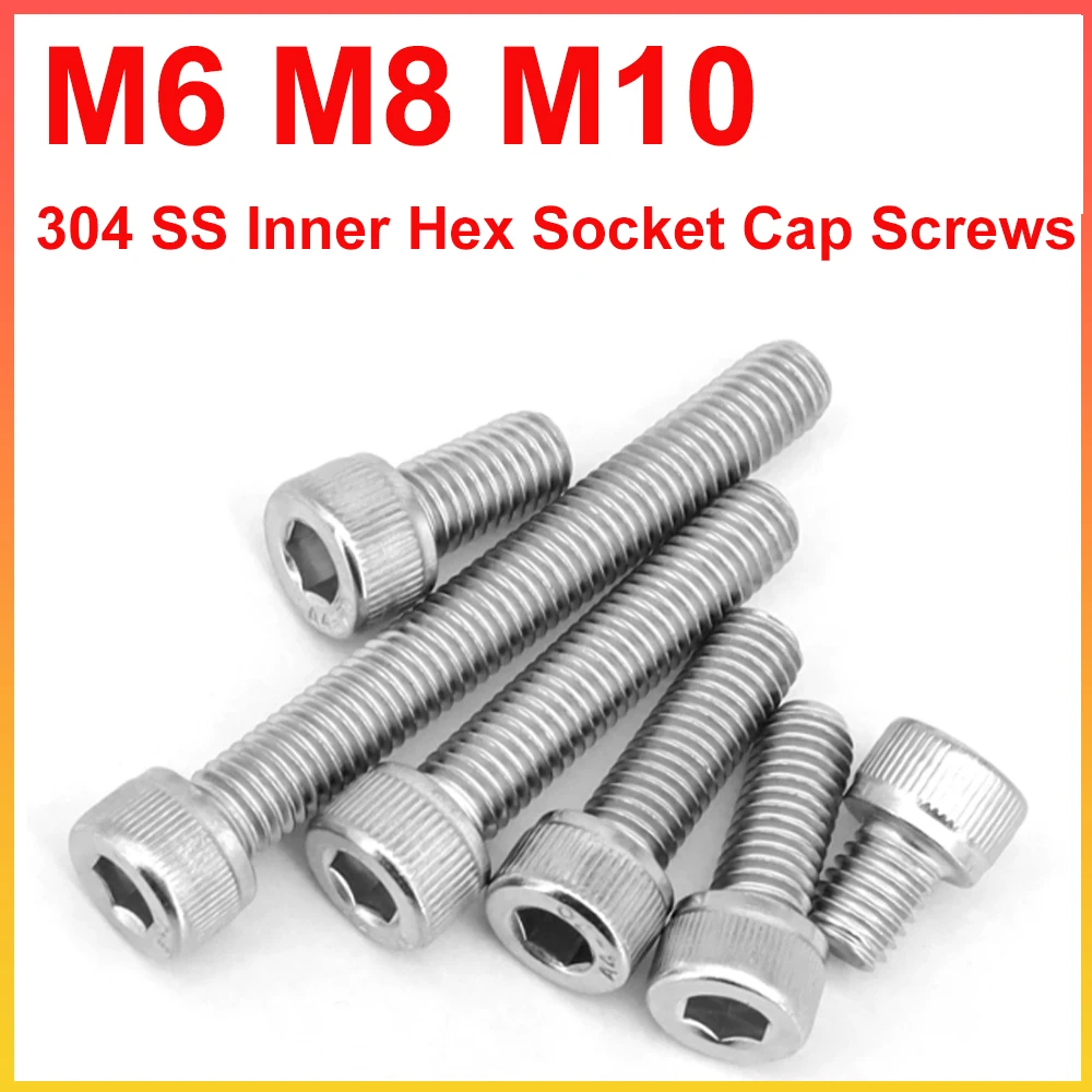 M6 M8 M10 304 SS Inner Hexagon Socket Cap Screws Allen Round Cup Head Bolt Full Thread Metric Mechanical Fastener Length 8-100mm