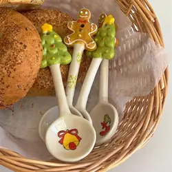 Kawaii Ins Christmas Party Dinner Ceramic Spoons Cute Cartoon Christmas Tree Gingerbread Man Soup Spoon Kitchen Accessories Gift