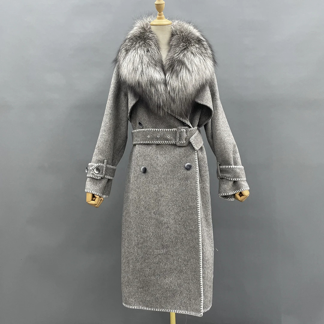 2024 Winter Coat For Women Warm Wool Cashmere Tweed Coat With Real Fur Collar Herringbone Traf Coat Long Overcoat