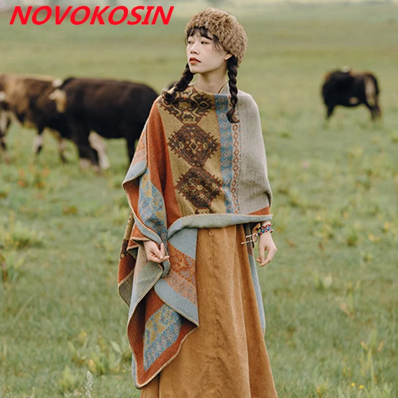 

135*150cm Women Ethnic Poncho Cape Autumn Winter Warm Faux Cashmere Shawl Outside Wear Cloak Printed Air Conditioning Blanket