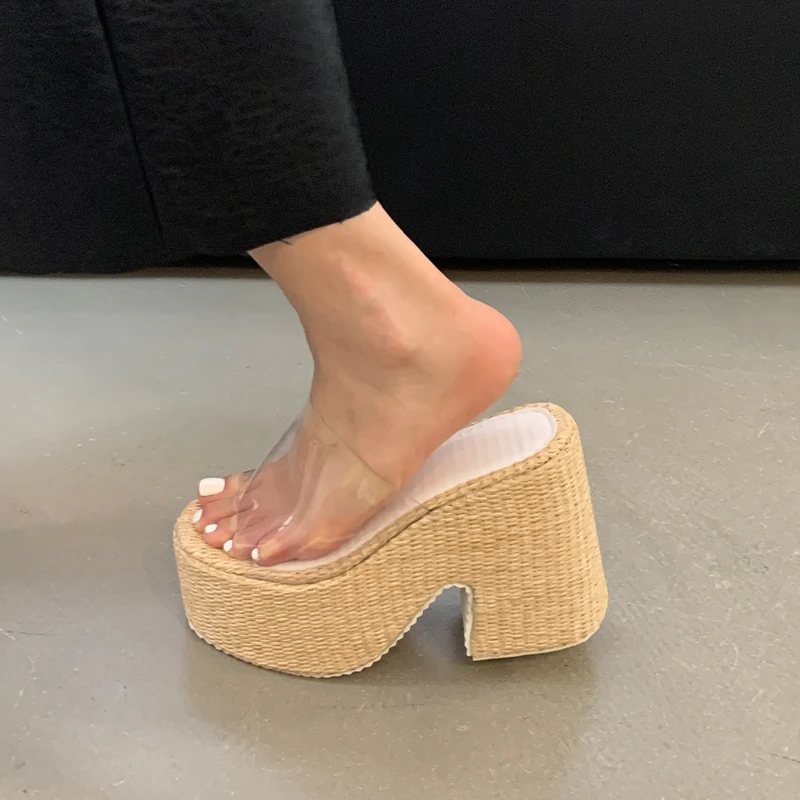 

Super High Heel Muffin Slippers For Women Leisure Concise Hollow Wedges Platform Round Toe Girls Shoes New Summer Designer Brand