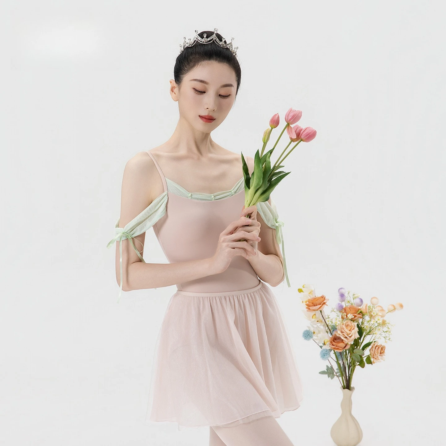 Ballet Leotard Women Mesh Spliced Camisole with Pearl Decor Removable Chest Pad Dancewear Body Basic Training Gymnastics Clothes