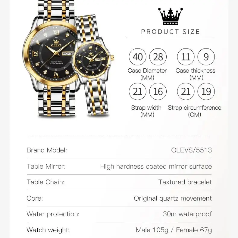 OLEVS Luxury Original Quartz Watch For Men Women Diamond Dual Calendar Couple Watches Stainless Steel Waterproof Wristwatch 5513