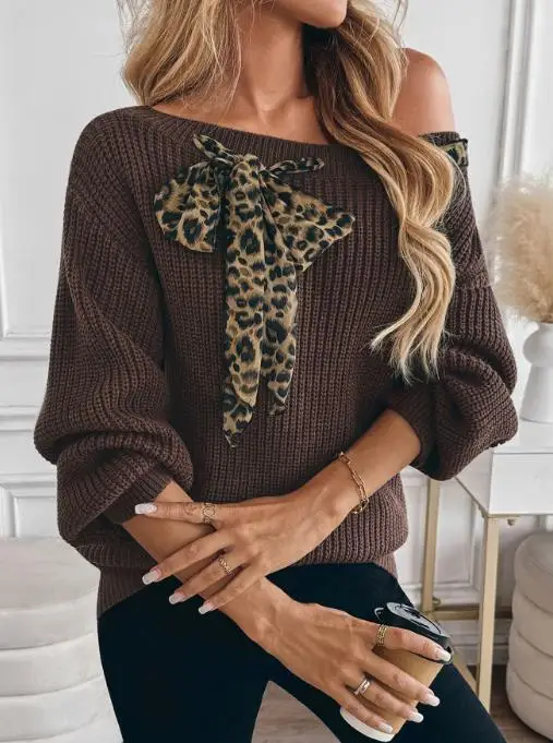 

Solid Color One Neck Leopard Print Lace Up Slim Knit Top for Autumn and Winter Women's Fashionable and Personalized Knit Sweater