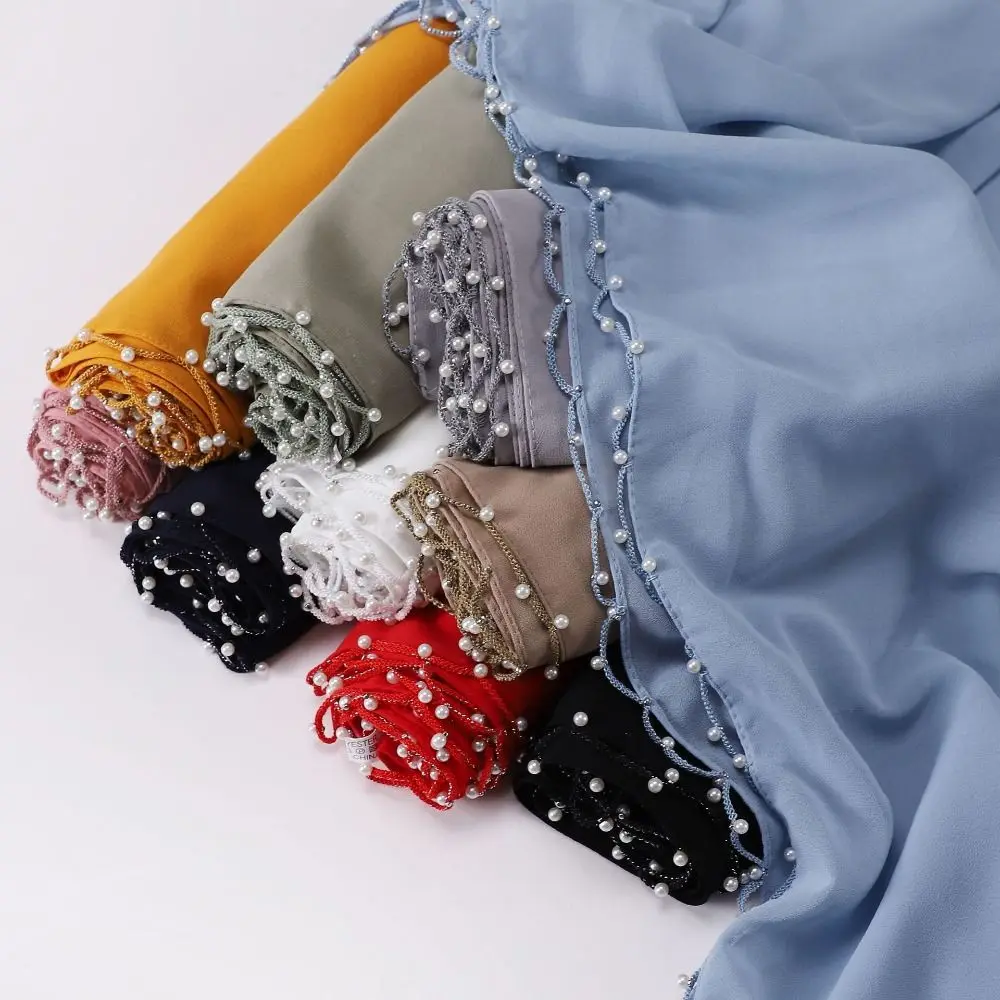 موضة الخرز الإسلامية عمامة الشيفون اللؤلؤ يلتف شال الباشمينا موجة سلسلة ديكور العرقية نمط وشاح يوميا