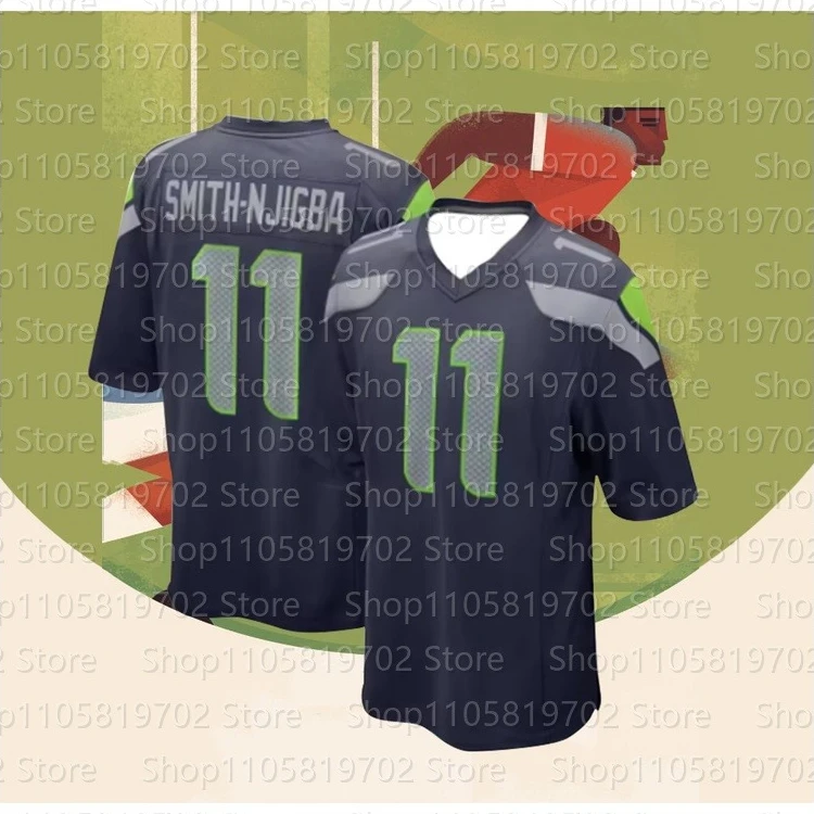 2026 New Men's #11 Jaxon Smith‑Njigba Blue Short Sleeve American Football Top Rugby Sport Uniform Top plus size