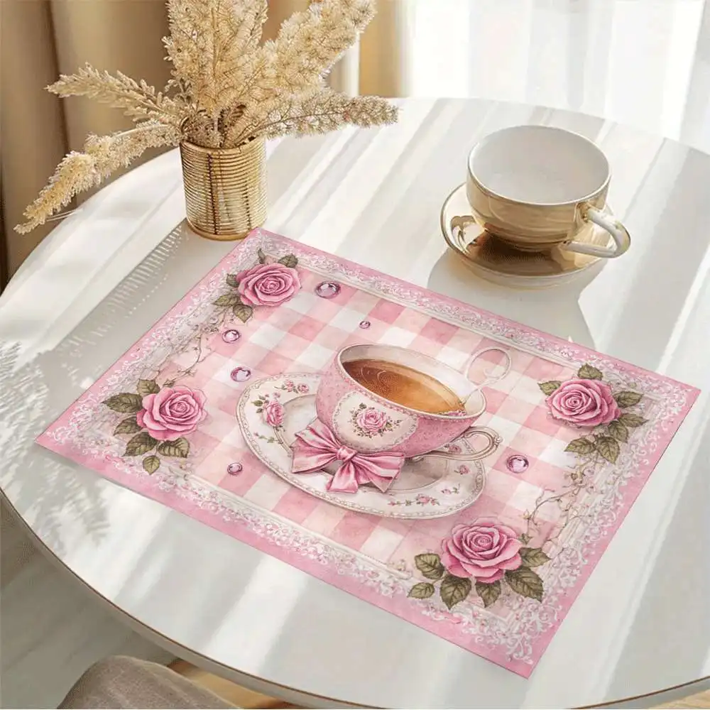 Elegant Stylish Table Pad with Pink Rose Teacup Bow Print, Washable Placemat for Tea, Dining Table, Home Decoration & Party Gift