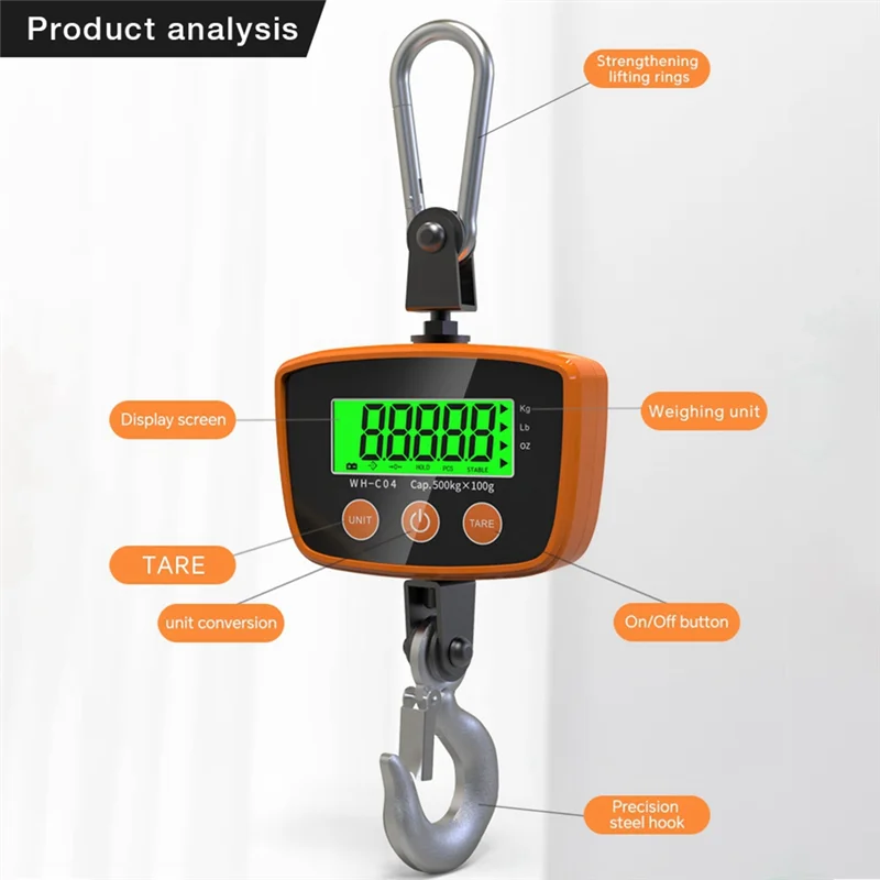 Digital Crane Scale Industrial Hanging Scale Heavy Duty Hanging Hook Scales Weighing Tool Forfarm, Fishing 300Kg 50G-POS
