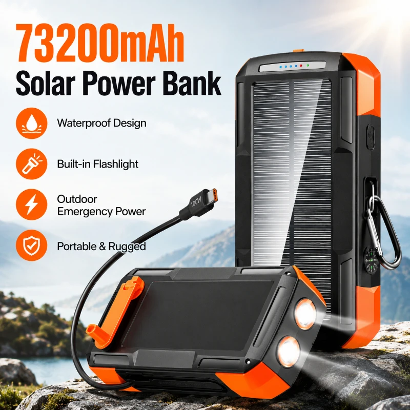 73200mAh Popular 100W Multifunctional Waterproof Solar Power Bank with Built-in Compass Flashlight and Portable Power Bank