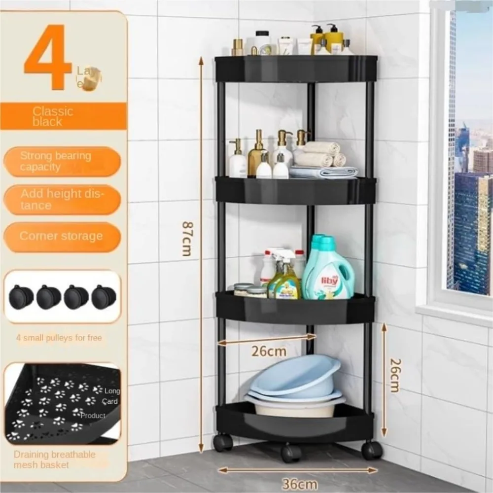 4 Tier Corner Shelf with Wheels Movable Corner Shelf Bathroom Storage Cart Perforated Shelfs Toilet Floor Standing Storage Rack