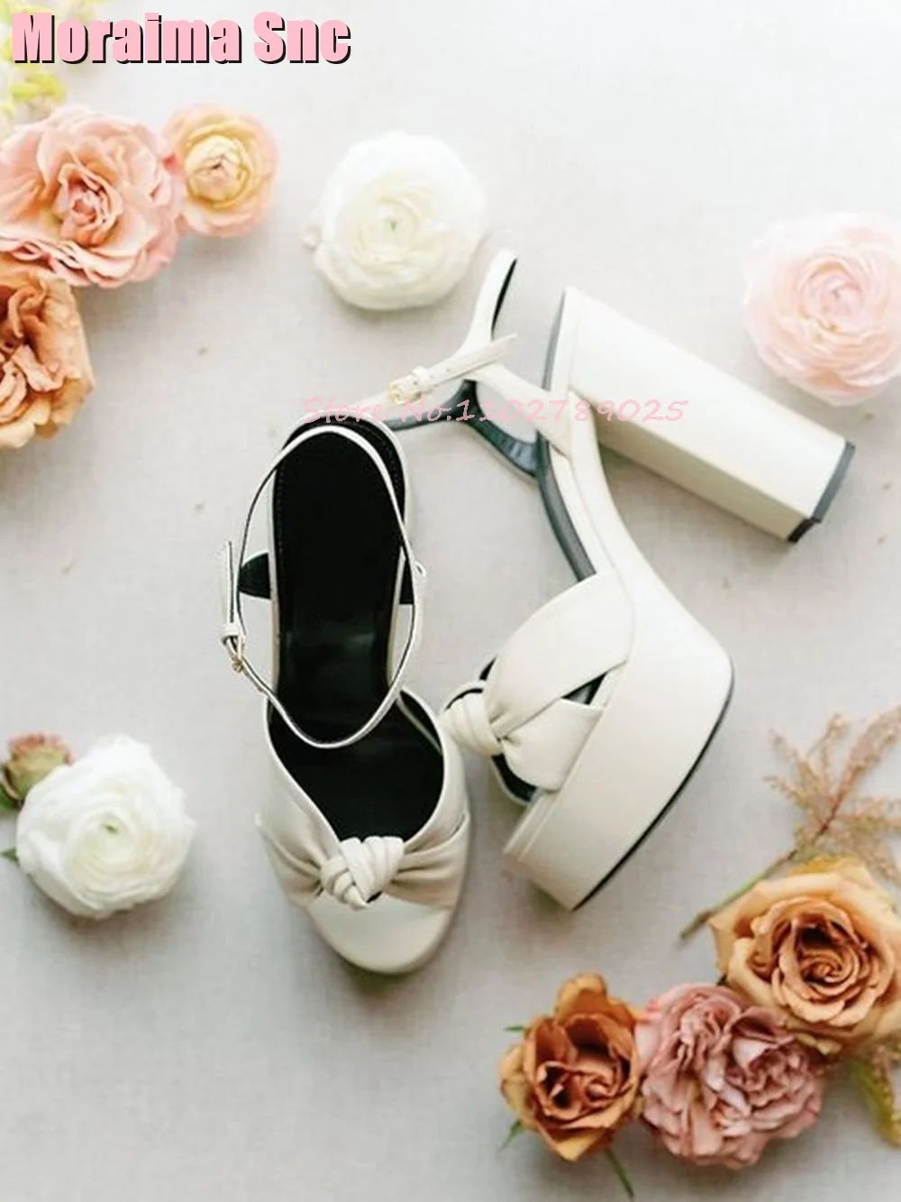 Platform Knot Peep Toe Sandals Block Chunky Heel Ankle Buckle Strap White Solid Sexy Fashion Women Shoes Summer Runway 2024 New