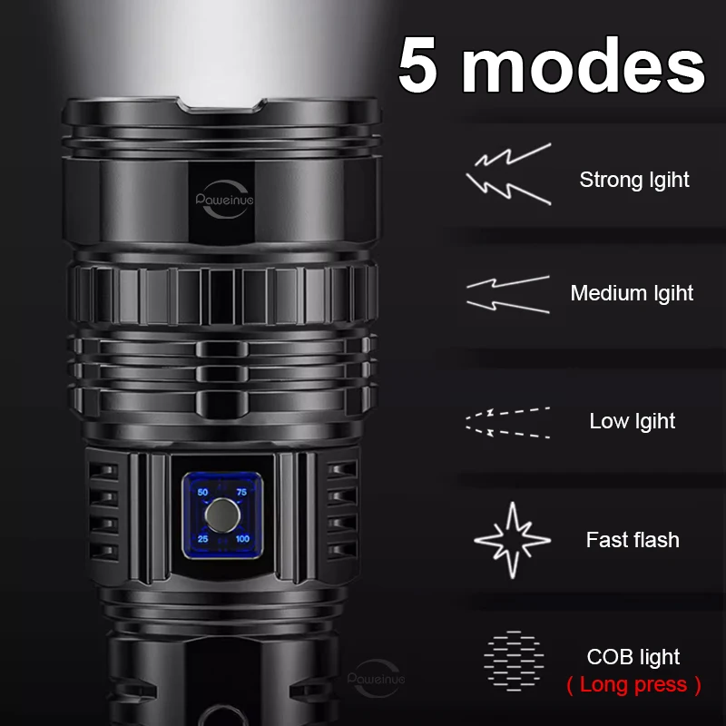 Ultra Bright Flashlight 190000000CD High Power Rechargeable LED Flashlights Built-In 15000mAh COB Light Tactical Camping Lantern