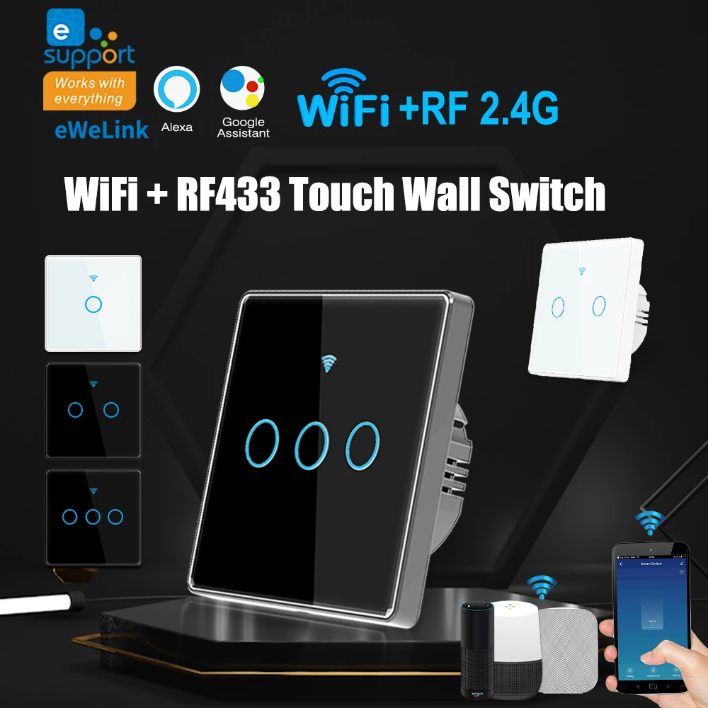Tuya WiFi Smart Touch Switch Glass Panel Wall Mounted Switch 1/2/3 Single/zero Wire Smart Home Supporting Alexa Google Home